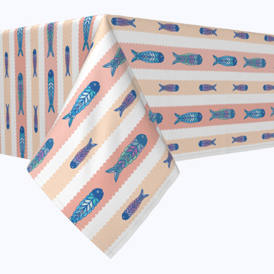 Rectangular Tablecloth, 100% Cotton, 52X104", Fish In Scalloped Stripes