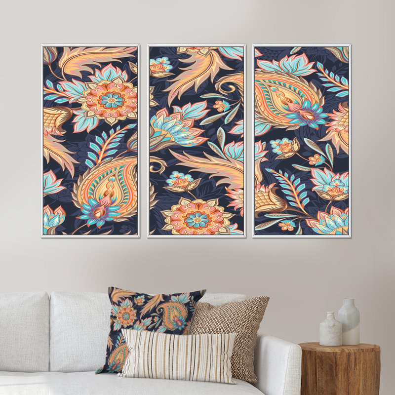 «Orange and Blue Paisley Flowers I», reproduction de cadre flottant 3 pièces sur toile, Cadre blanc