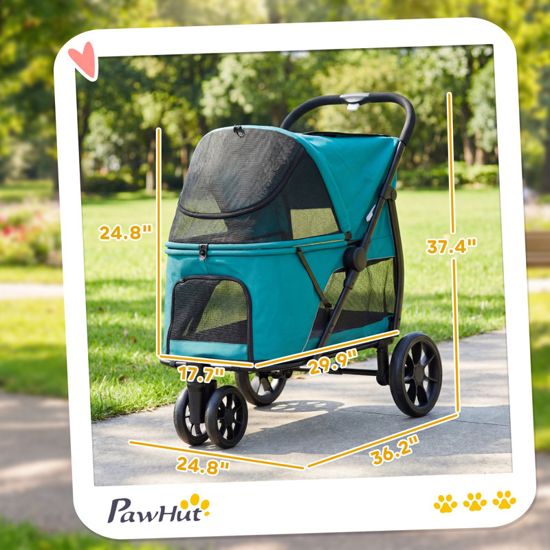 3 Wheel Pet Stroller, Dog Stroller Dual Entry, Easy One-Click Quick Fold, All-Terrain Wagon Cart with Mesh Window, Washable Cushion, for Small and Medium Dogs and Cats Up to 44 lbs, Dark Green