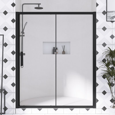 56-60 In. W × 72  In. H Matte Black Semi-Frameless Single Sliding  Shower Glass Pane with 1/4" Clear Tempered Glass  | Transparent Safety Film  | Aluminium Alloy  Guide | Reversible Installation