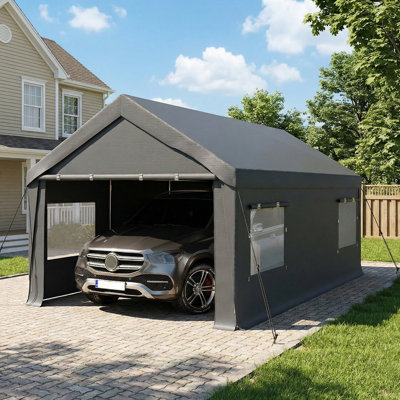 Abri d'auto robuste 10 x 20 avec garage portatif, abri pour bateau de garage extérieur, remises portatives, remise extérieure, auvent de voiture à parois latérales amovibles, bâche imperméable de 180 g, structure renforcée