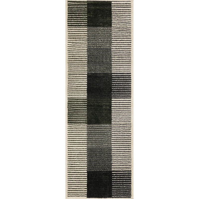 Striped Green White Gray Modern Indoor Runner, White, Runner 2'7" x 7'7"