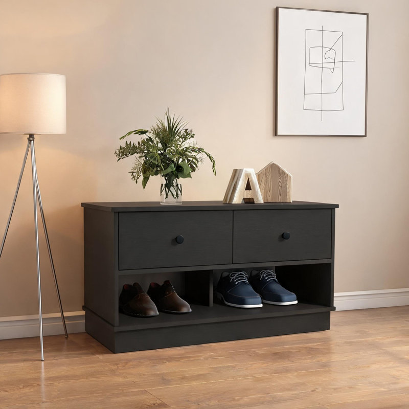 Entryway multi-use storage bench, two-seat capacity, sleek black particle board with open shelves and enclosed storage drawers