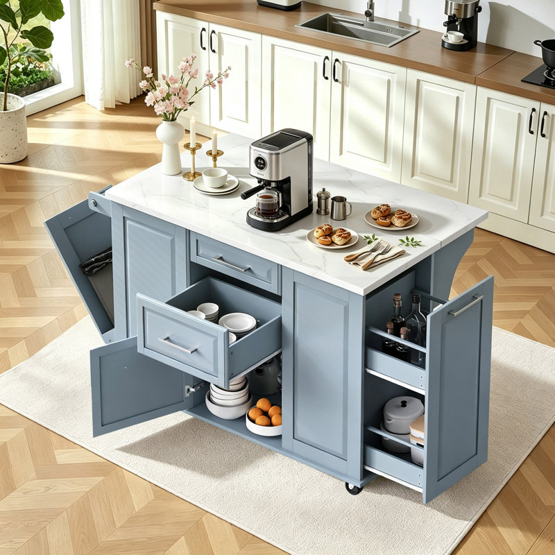 Rolling Kitchen Island With Storage Tilt Trash Can Cabinet, Pull Out Cabinet Organizer, Drop Leaf, 2 Drawers, 1 Cabinet And 5 Wheels
