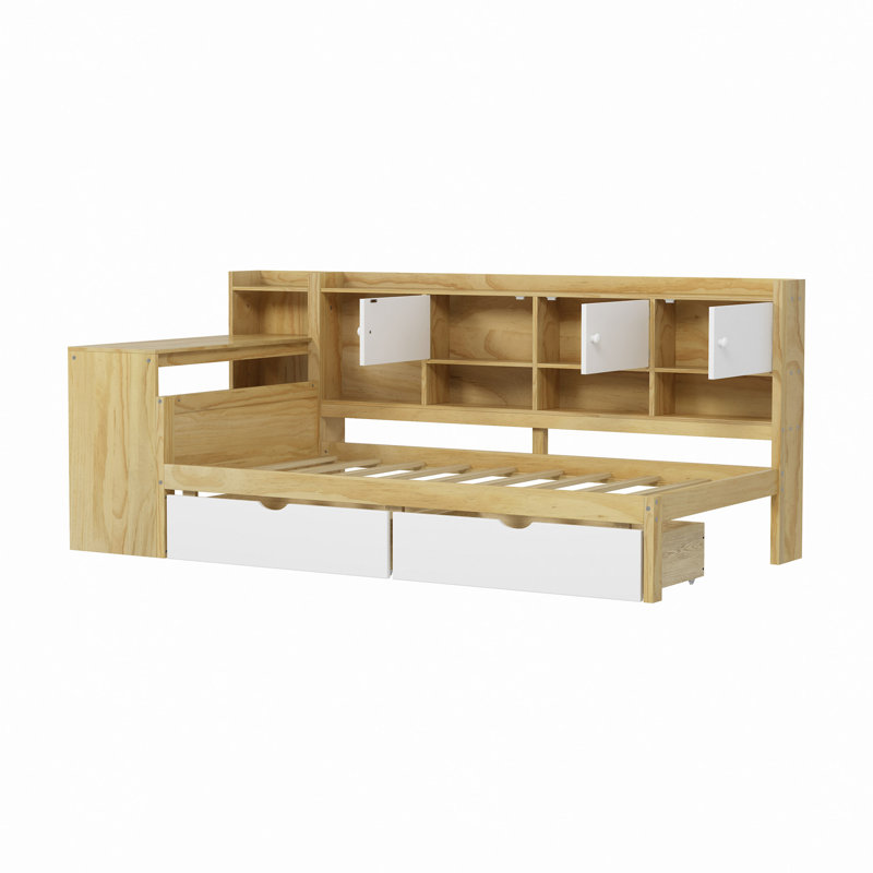 Wooden L-Shape Daybed With Seven Storage Cabinets And Two Storage Drawers, Multi-Functional Bed With Study Desk And Built-In Bookshelf