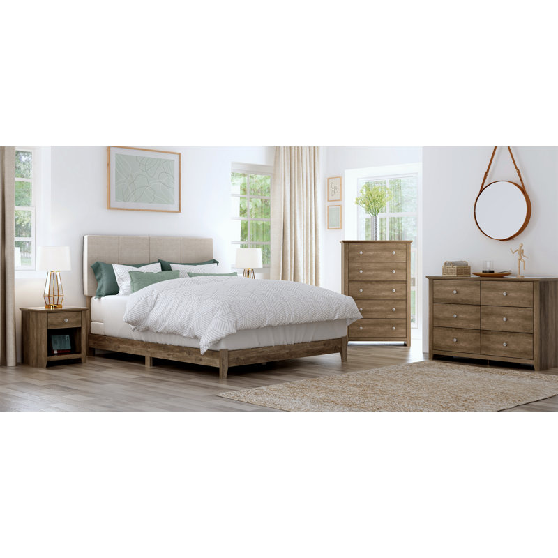 Arinola Upholstered Platform Bed, Knotty Oak/Beige