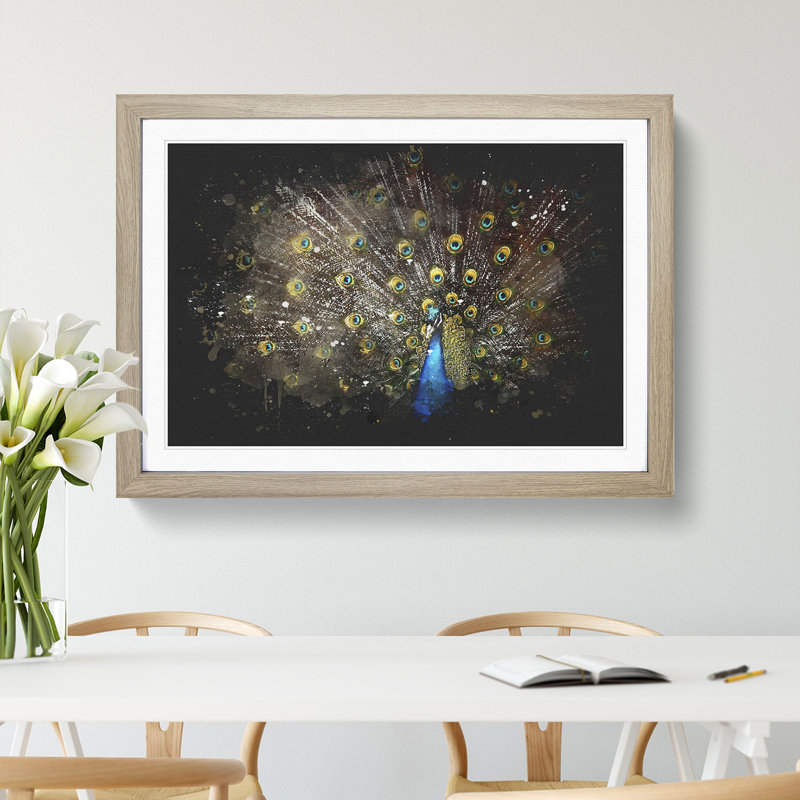Peacock with Outstretched Feathers - Picture Frame Graphic Art Print, Oak Framed, 45cm H x 63cm W x 2cm D