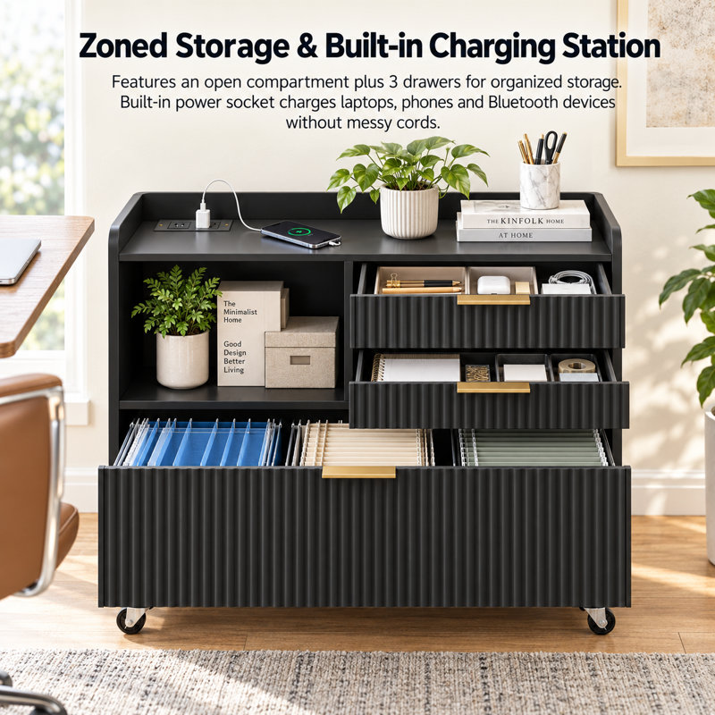 Classeur mobile avec station de recharge, plusieurs tiroirs et espace de rangement ouvert pour la maison et le bureau