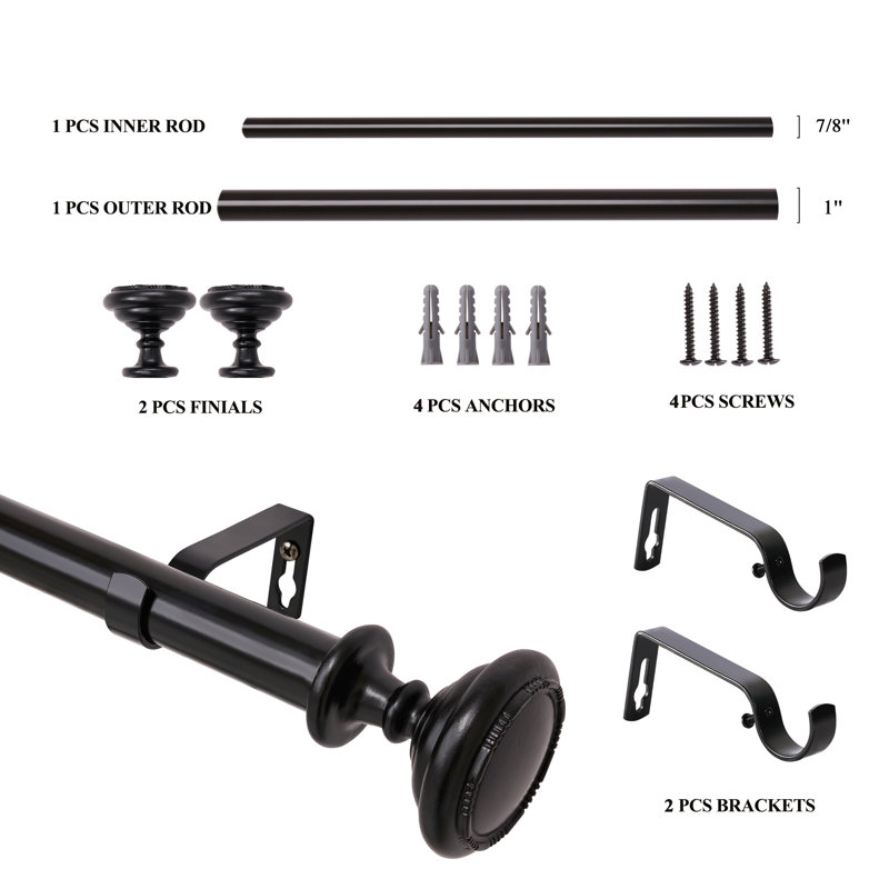 Hadel Adjustable Overall Width x 1 Diameter Curtain Rod, Black, 28" - 48"
