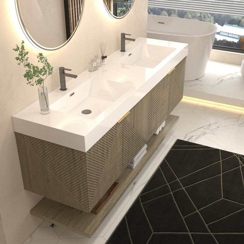 Moreno Stella Wall Mounted Vanity Set With Doors And Inside Drawer, White Oak