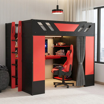 Full Size Loft Bed with Desk, Wardrobe Storage Gaming Loft Bed with USB Port, Pegboard LED Workstation Bed Frame with Curtains for Small Space Bedroom