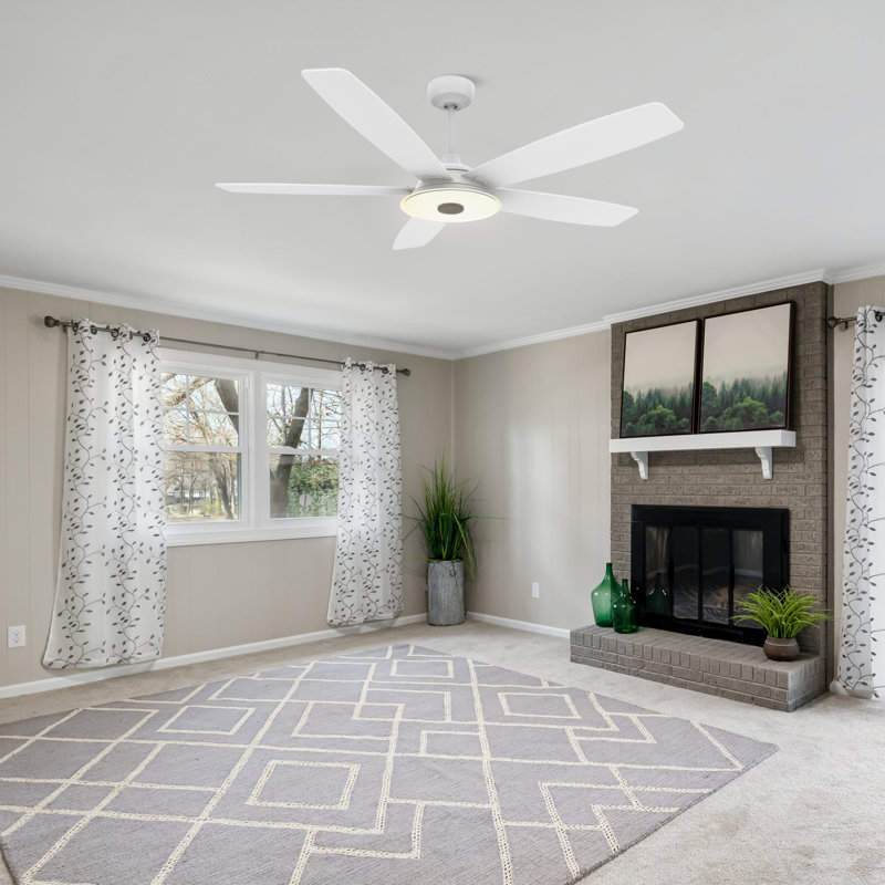 Ventilateur de plafond standard intelligent à 5 pales Gatha avec télécommande et ensemble d'éclairage inclus, Blanc, Blanc