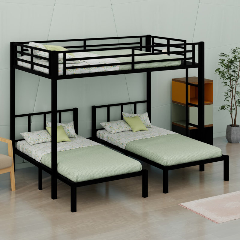 Metal Triple Bunk Bed With Safety Guardrails