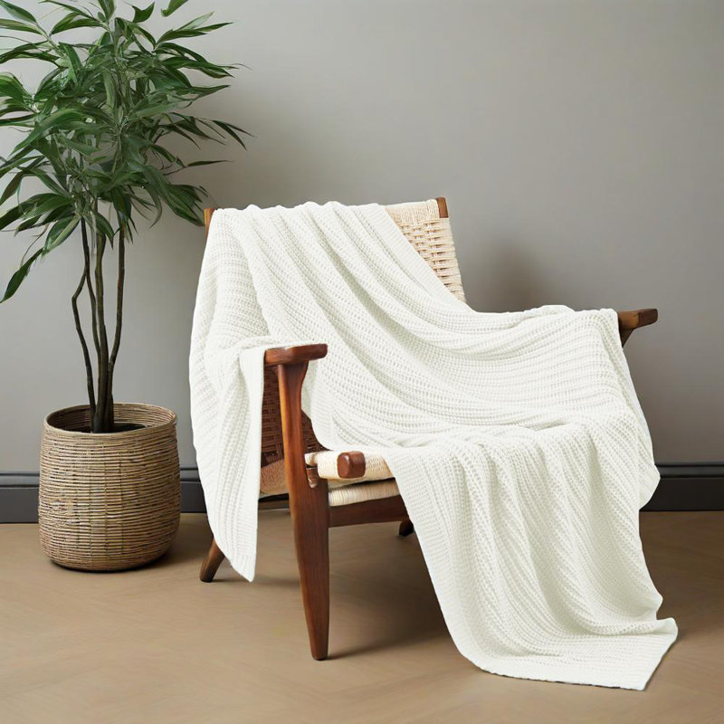 Waffle Knit Throw Blanket - 50" x 60" Lightweight Breathable Decorative Blanket for Sofa, Couch & Bed - Cozy Farmhouse Boho Accent Throw - Machine Washable, White