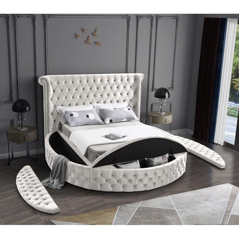 Lit plateforme tapissier avec rangement capitonné Dorgan, Velours crème, Très grand