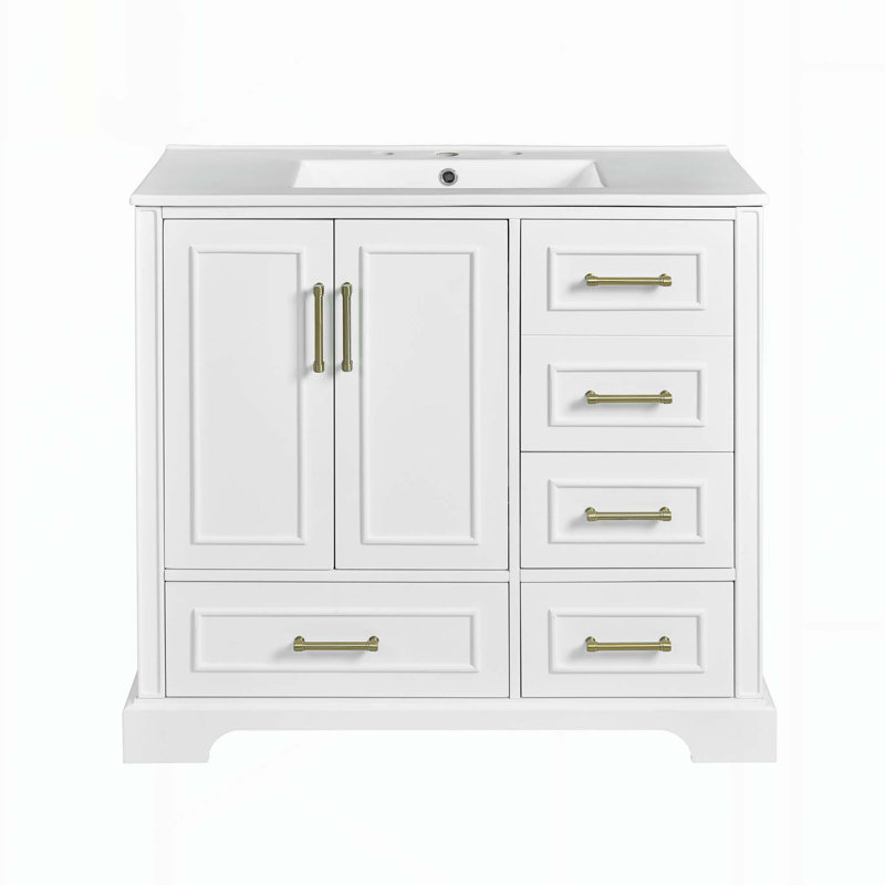 Meuble-lavabo traditionnel exquis avec lavabo en céramique et rangement abondant, Blanc