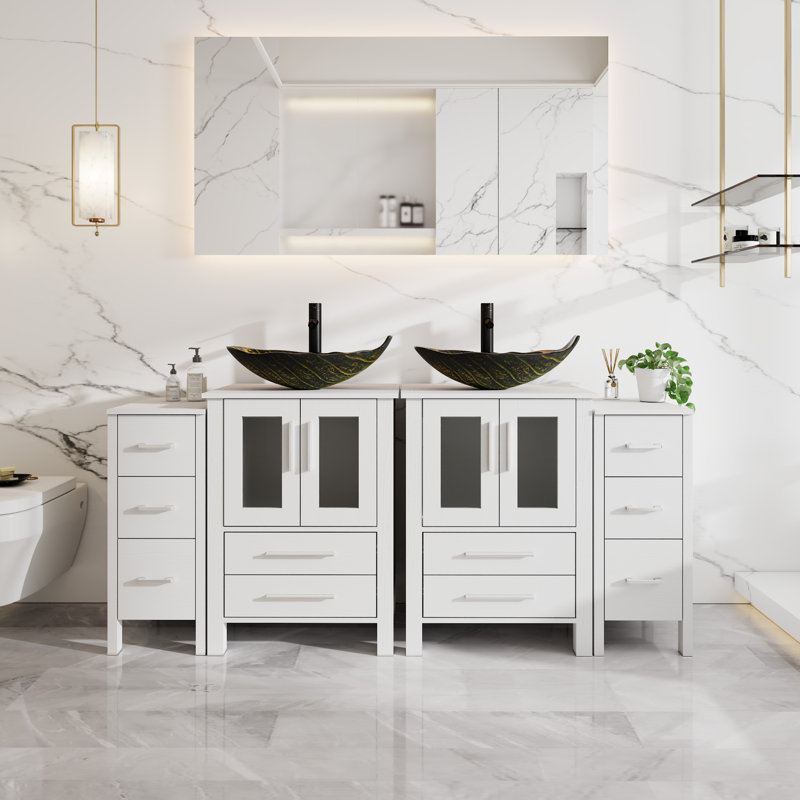 Ensemble de meuble-lavabo double 72 po avec robinet Veseel autoportant, robinet et bonde escamotable