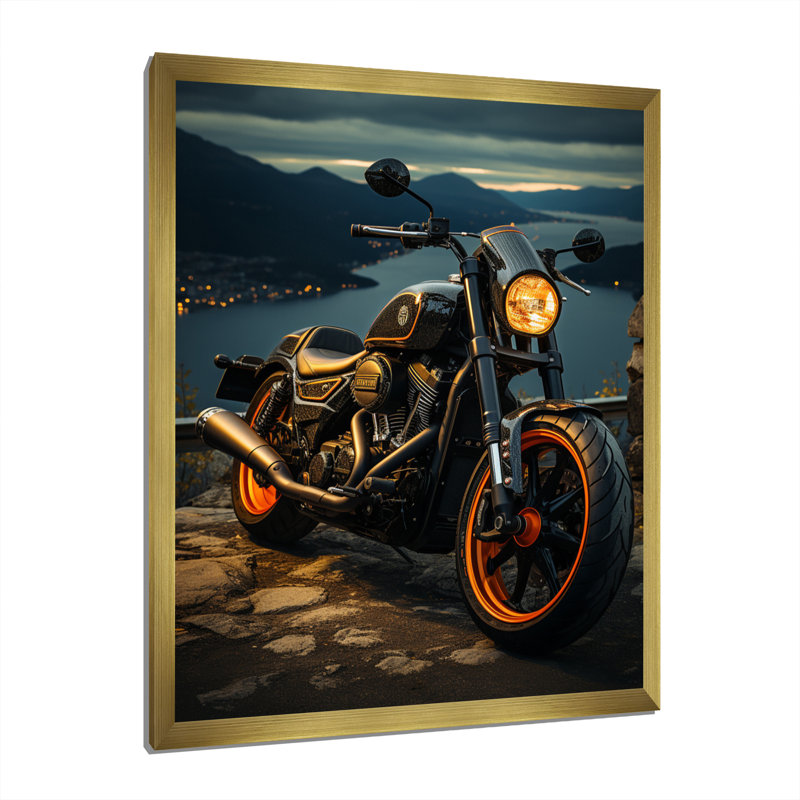 Amandla, orange, moto noire, Wanderlust I, H 44 po x l 34 po x P 1,5 po, Cadre photo doré