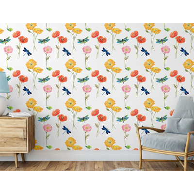 Poppies & Dragonflies Peel & Stick Wallpaper Roll 20.5 inch Wide x 18 ft. Long, Yellow Orange