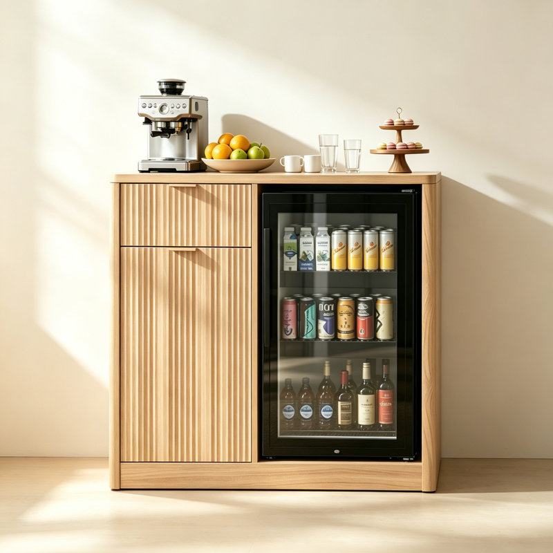 Armoire à café moderne cannelée de 39,4 po avec station de charge intégrée et mini-réfrigérateur, Naturel