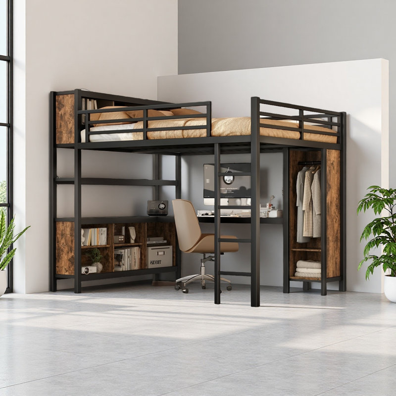Lit mezzanine en métal avec garde-robe et bureau en L