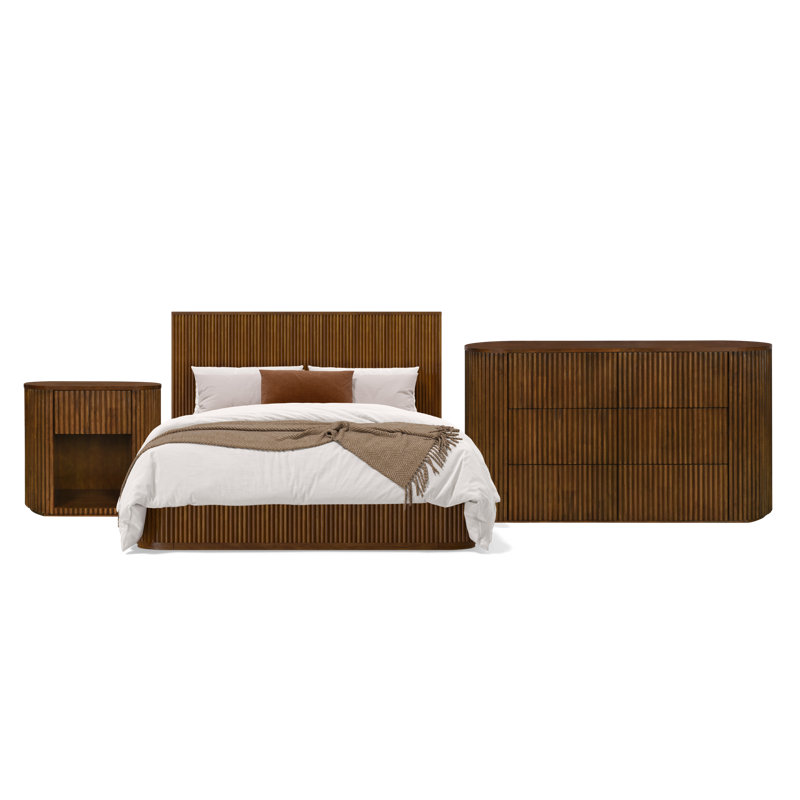 Ellison Fluted Solid Wood 3 Piece Bedroom Set - King, 3 Pcs: Bed, Nightstand, Dresser, King