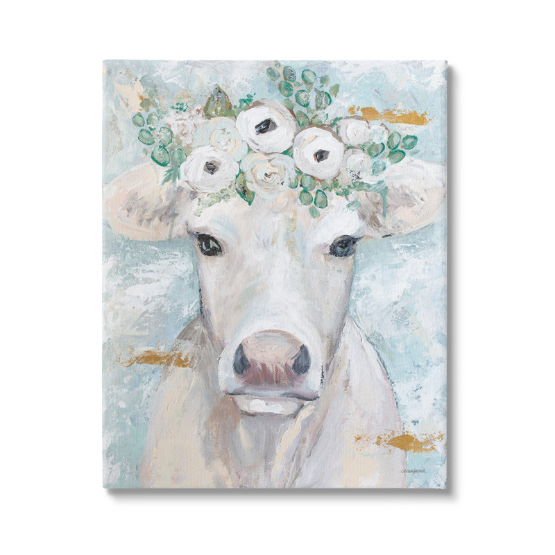 Vache champêtre avec fleur blanche et coups de pinceau par Mackenzie Kissell - Peinture, Toile tendue, L 16 po x H 20 po