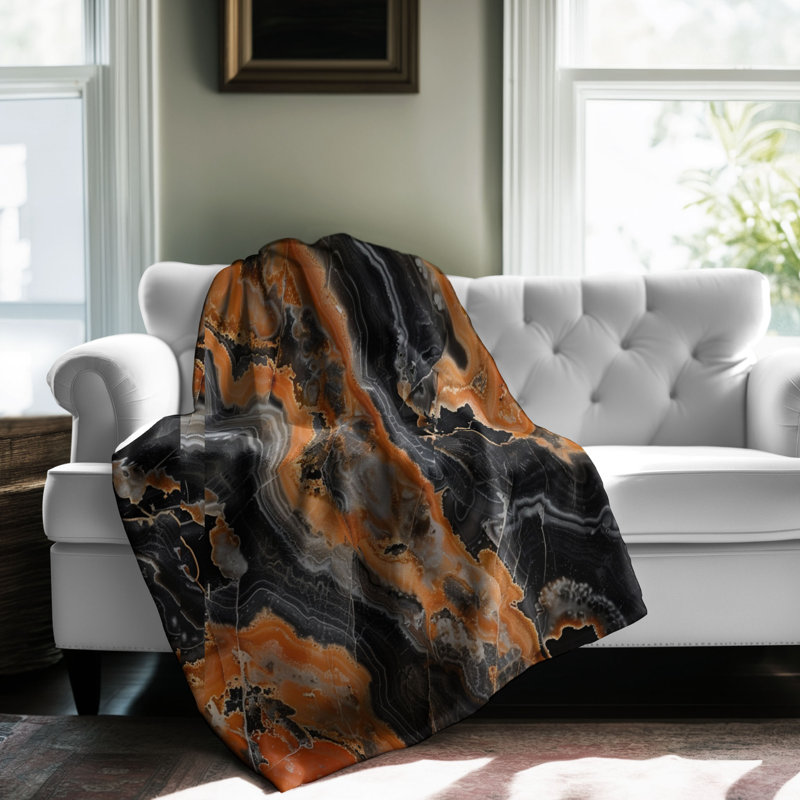 Marbre noir avec veines orange - couverture Sherpa de qualité supérieure 1 pièce, Grand lit
