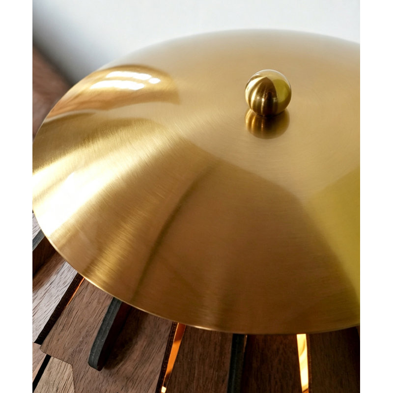Petite lampe de table moderne en bois massif brun et métal avec abat-jour en bois massif pour le salon de la chambre à coucher, ampoule incluse