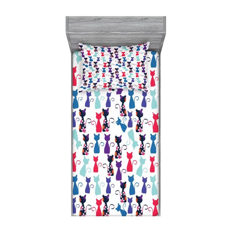 Twin White Microfiber Cat Print Sheet Set