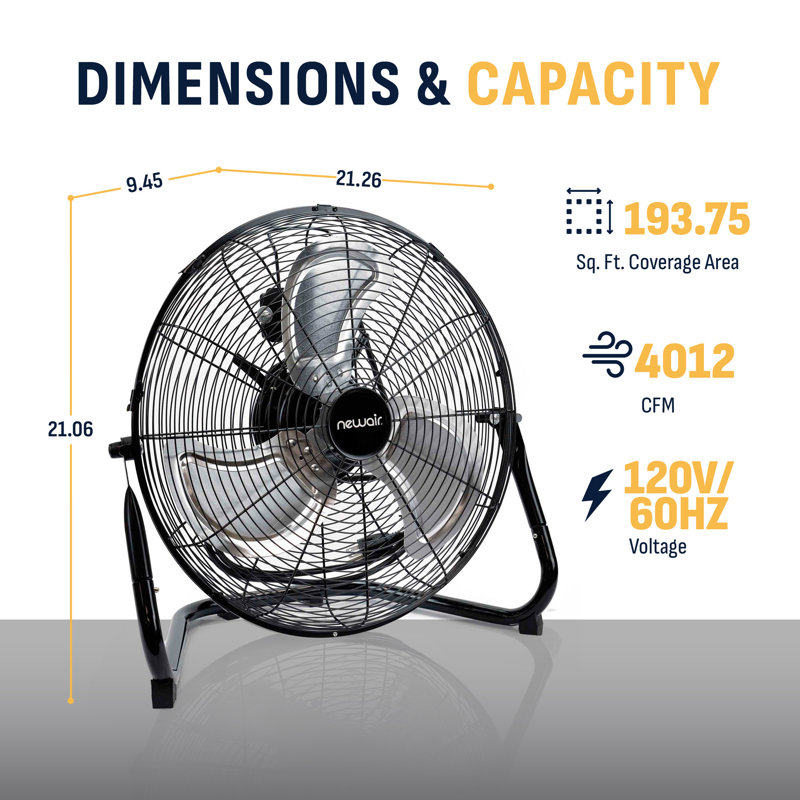 Ventilateur de sol industriel à grande vitesse 18 po Newair, ventilateur en métal robuste, inclinaison réglable et 3 vitesses jusqu'à 4012 pi3 / min, interrupteur rotatif
