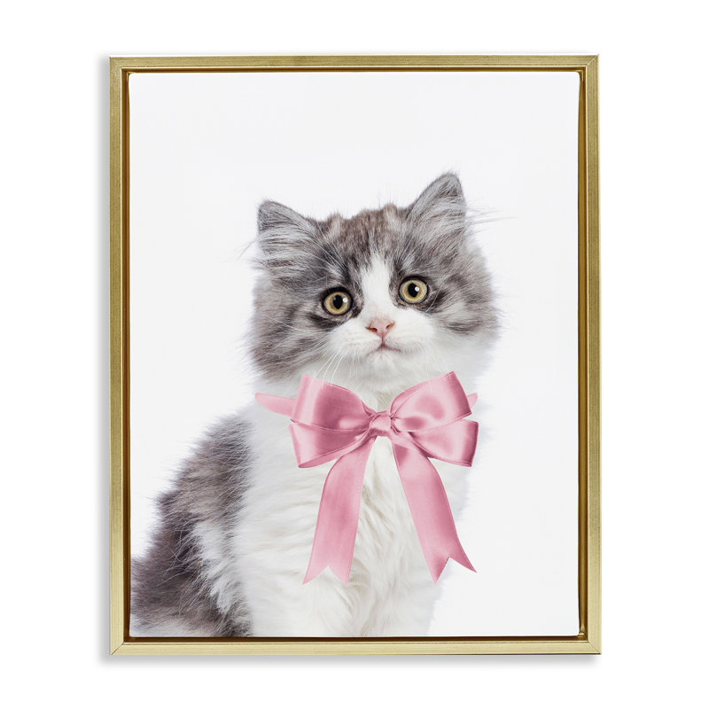 "Chaton avec un nœud papillon rose", art mural sur toile par Sissi et Seb, Cadre flottant métallique doré, H 21 po x l 17 po