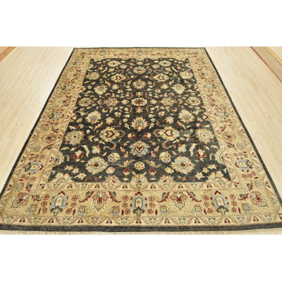 Tapis bleu / brun en laine noué à la main de conception unique 8 pi 4 po x 10 po