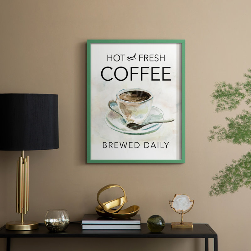 «Hot and Fresh Coffee», reproduction encadrée - bois massif, H 15 po x l 12 po, Vert