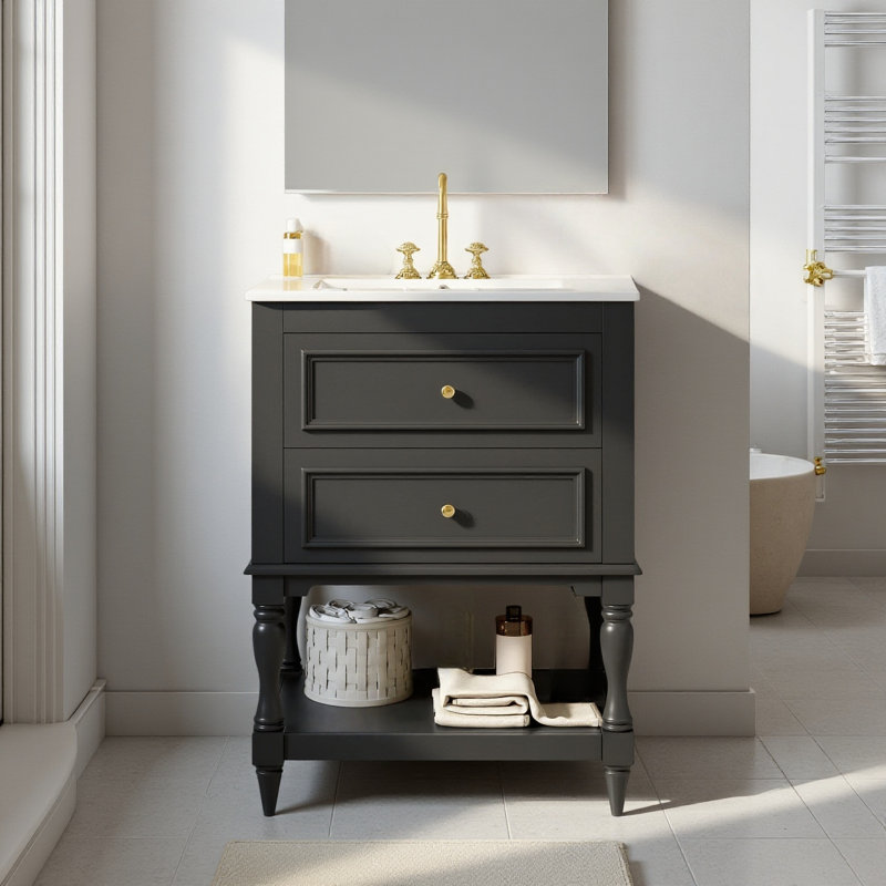 Meuble-lavabo rétro 24 po avec lavabo en céramique et tablette ouverte, armoire de rangement 2 tiroirs, Noir