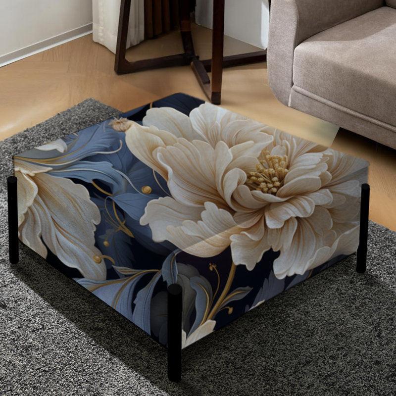 Pivoines bleues et blanches damassées - Grand repose-pieds carré floral
