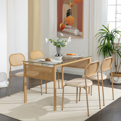 Chaise de salle à manger en rotin 4 pièces Adarah et table de salle à manger rectangulaire en verre 47,2 po