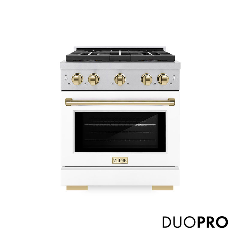 ZLINE Autograph Edition 36 in. 5.2 cu. ft. Paramount Dual Fuel Range W/ 6 Burner DuoPro Cooktop and Electric Convection Oven in Satin Stainless Steel W/ White Matte Door and Champagne Bronze Accents