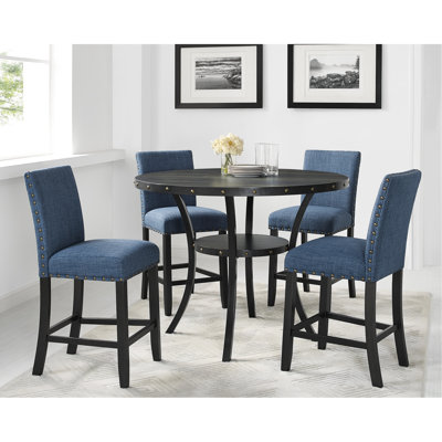 Table à manger en bois, 5 comptoirs avec tabourets en tissu bleu, table à finition grain de café, pieds et structure en métal, revêtement en coton et lin, table fixe ronde pour quatre sièges