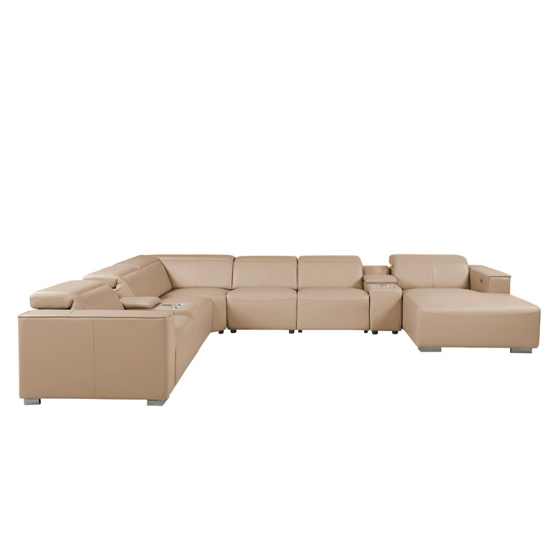 Canapé d'angle en L beige, 8 pièces, orientation droite, en cuir véritable, avec 2 fauteuils inclinables électriques et appuie-tête réglables