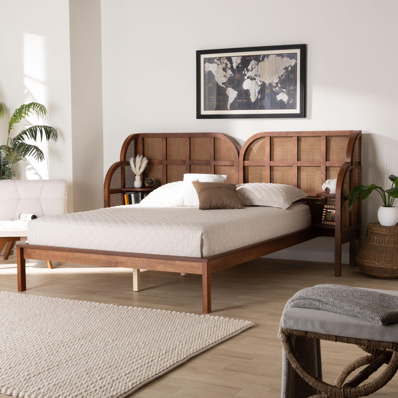 Baxton Studio Cascadia Mid-Century Modern Ebony Wood Wingback Platform Bed, Brown, Queen
