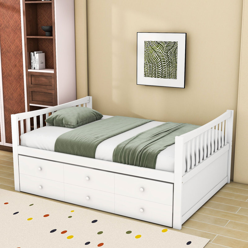 Full Size Wood Daybed with Twin Trundle and Drawers, White