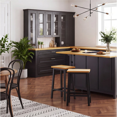 Set of 2 Farmhouse Solid Wood Bar Stools, 25.6-Inch Counter Height, Black with Wood Grain Seat, Footrests, Backless Space-Saving Design