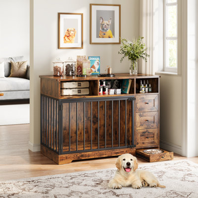 Meuble de 47,8 po avec tiroirs de rangement, cage robuste pour chien, chenil en bois pour l'intérieur, table de bout pour animaux de compagnie