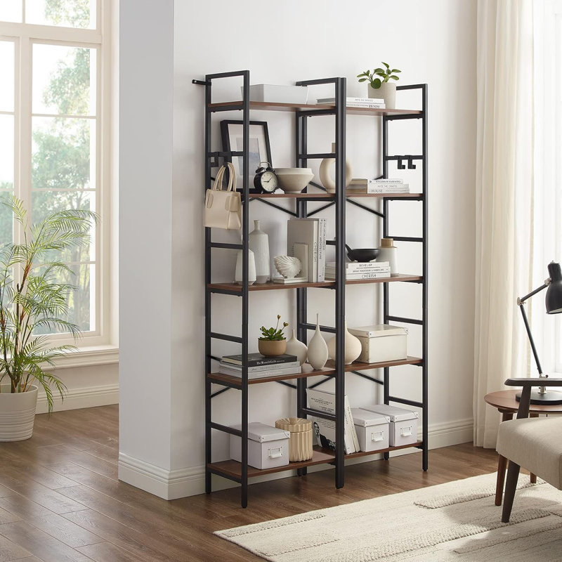 5-Tier Bookshelf, 5 Tier Industrial Bookcase, Standing Bookshelves, Tall Display Rack with Steel Frame for Living Room, Bedroom, 11.8 x 16.1 x 61 Inches, Rustic Brown