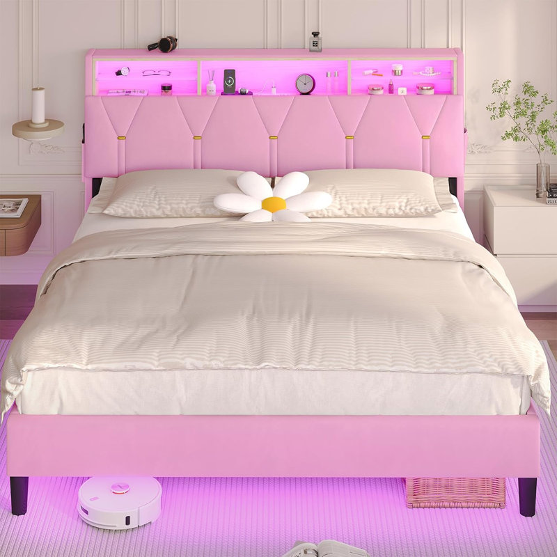 Lit plateforme en velours avec tête de lit et prise de courant, Double, Rose