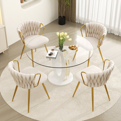 Modern Round Tempered Glass Pedestal Dining Set with Velvet Dininig Chair