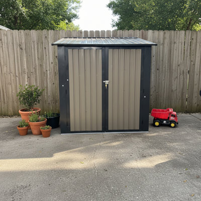 6X9 FT Outdoor Metal Storage Shed With Window & Flower Rack, Lockable Double Doors Tool Shed, Waterproof Weatherproof Garden Shed For Backyard Patio