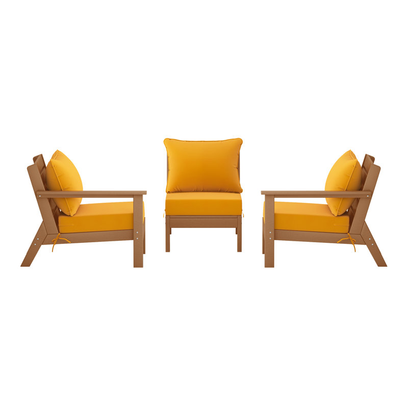 3-Piece Deep Seating Set With Cushions, Yellow, Teak