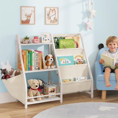 3-Tier Bookshelf With Sling Book Rack & Storage Bag, Toy Storage Organizer For Toddler Rooms, Playroom, Nursery - White & Beige
